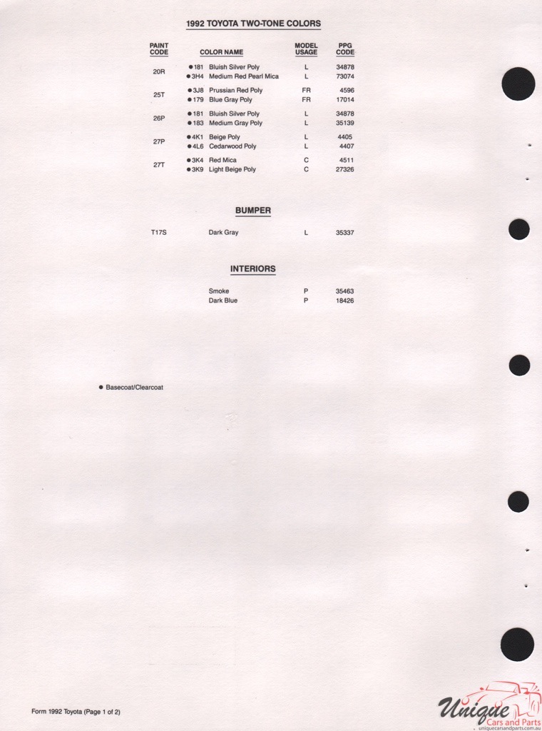 1992 Toyota Paint Charts PPG 4